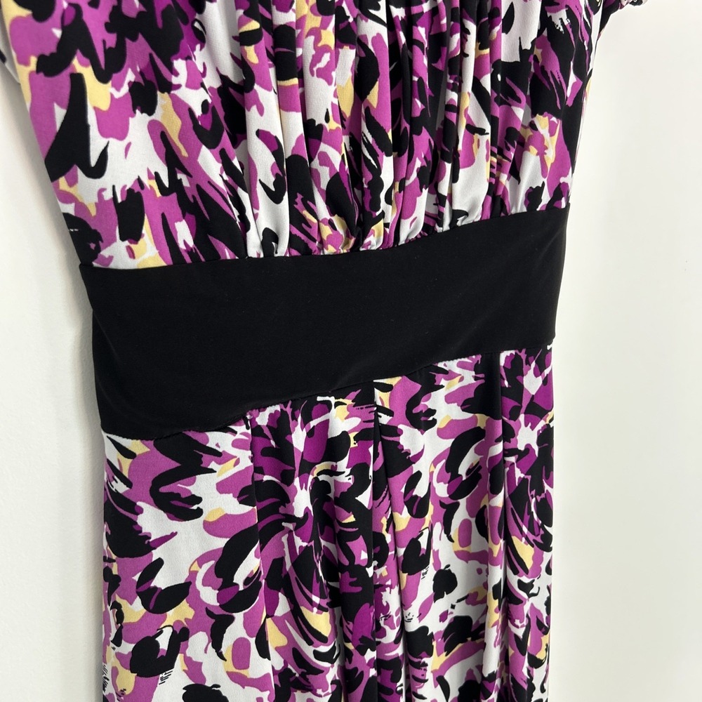 Dress Barn Sz 6 Short Sleeve Purple Black Floral Black Tie Back Flare Fun Dress - Picture 4 of 9